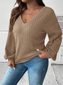 Celure Plus Size Solid Color Lantern Sleeve T-shirt - Khaki - View 3