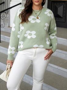 Celure Plus Floral Pattern Drop Shoulder Sweater - Green - View 4
