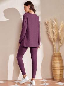 SHEIN LUNE Solid Button Detail Tee & Leggings - Purple - View 2