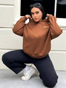 SHEIN EZwear 大码棕色针织卫衣，字母印花 - 棕色 - 查看 5
