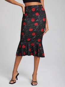 Raquel Melo 花卉印花人魚裙擺裙 - 黑色 - 查看 1