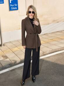SHEIN BIZwear Solid Lapel Collar Double Button Blazer - Coffee Brown - View 4