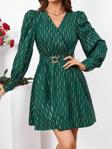 SHEIN Clasi Allover Print Surplice Neck Belted Dress - Dark Green - View 1