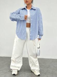 SHEIN EZwear 條紋印花落肩袖襯衫 - 藍色 - 查看 3