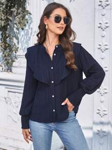 SHEIN Frenchy 素色荷葉邊前紐扣襯衫 - 藏蓝色 - 查看 6