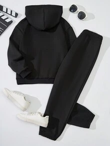 SHEIN Tween Boy Slogan Graphic Hoodie & Sweatpants - Black - View 2