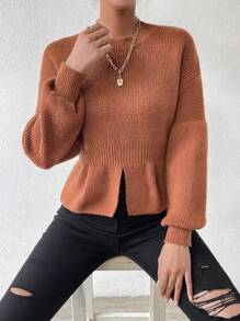 SHEIN Essnce Drop Shoulder Split Hem Sweater - Brown - View 1