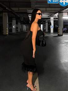 SHEIN SXY 毛邊下擺抹胸緊身連衣裙 - 黑色 - 查看 4