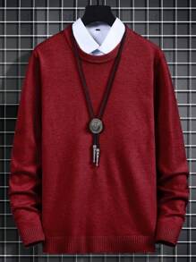 男士素色套頭毛衣無襯衫 - 酒紅色 - 查看 1