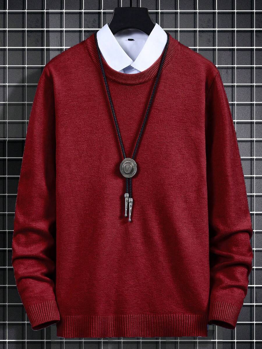 男士素色套頭毛衣無襯衫 - 酒紅色 - 查看 1