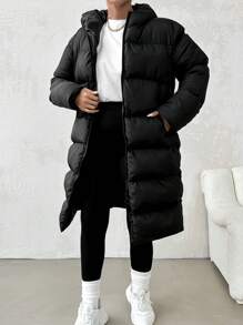 EURMUSE Plus Slant Pockets Hooded Puffer Coat, For Winter - Black - View 1