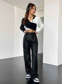 SHEIN EZwear 雙色交叉短款連帽套頭毛衣 - 黑與白 - 查看 3