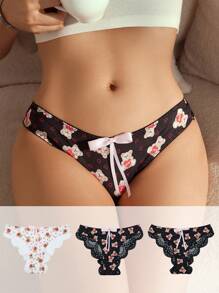 SHEIN 女款卡通印花可愛熊蝴蝶結裝飾三角內褲