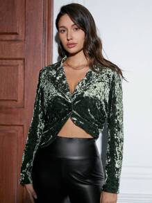 SHEIN Unity Button Front Asymmetrical Hem Velvet Blazer - Army Green - View 3