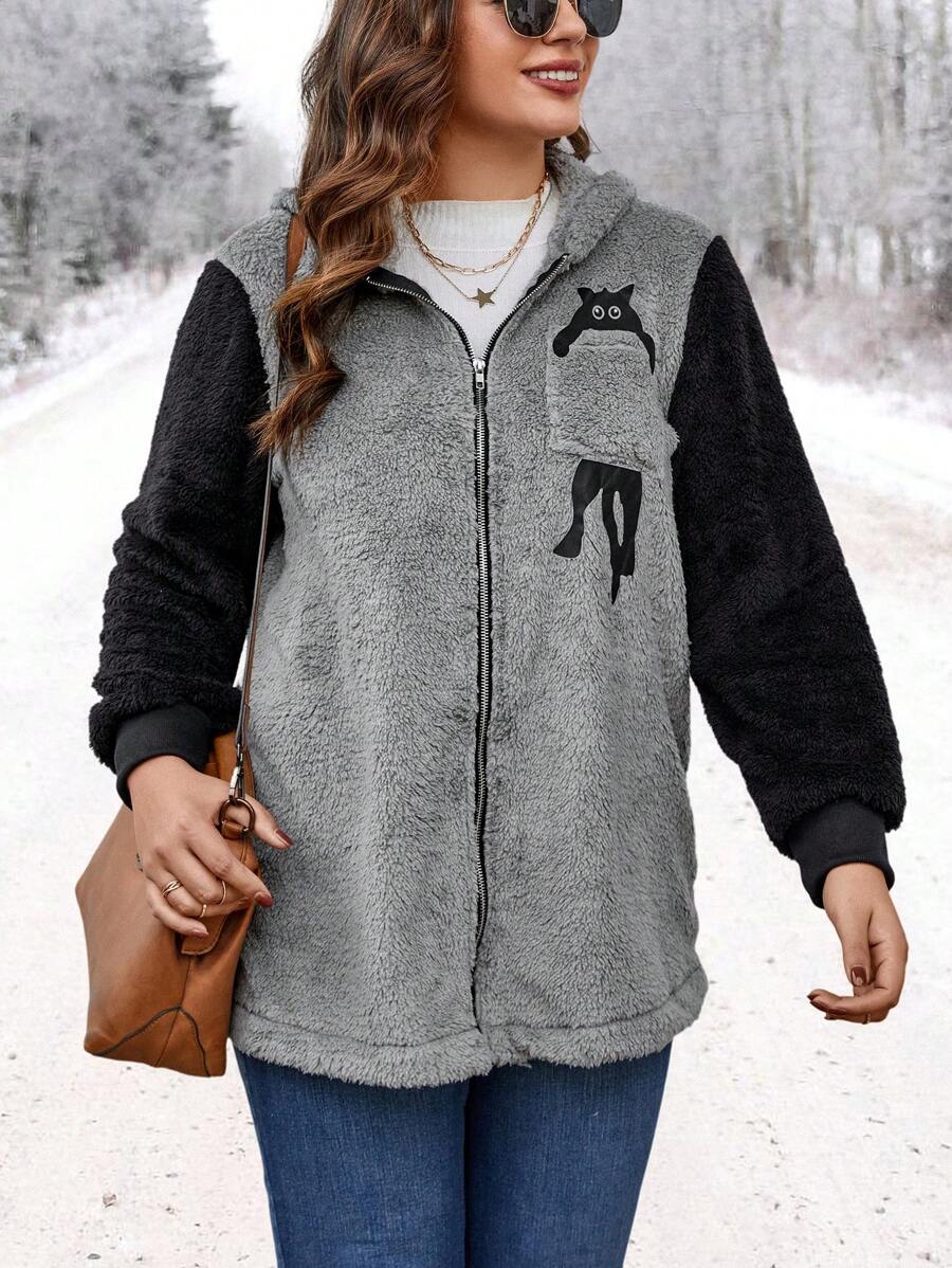 SHEIN LUNE Plus Cat Pattern Contrast Sleeve Hooded Teddy Coat - Grey - View 1