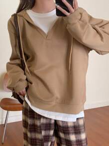 DAZY Áo hoodie trơn vai rút dây 2 trong 1, quần áo mùa thu - Màu Khaki - Xem 2