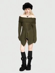 ROMWE Fairycore Jersey Con Flecos Y Hombros Descubiertos Para Mujer Con Tejido De Ochos - Verde militar - Ver 6