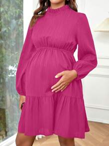 SHEIN Maternidad Vestido de manga farol bajo con fruncido - Rosa Fucsia - Ver 1
