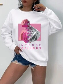 SHEIN EZwear 大碼人物和字母圖案落肩袖運動衫 - 白色 - 查看 5