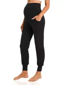 Maternity Wide Waistband Slant Pocket Pants - Black - View 1