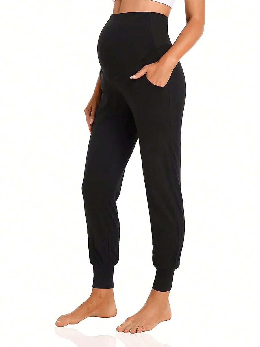 Maternity Wide Waistband Slant Pocket Pants - Black - View 1