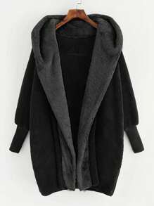SHEIN LUNE Abrigo teddy con parte delantera abierta con capucha - Negro - Ver 1