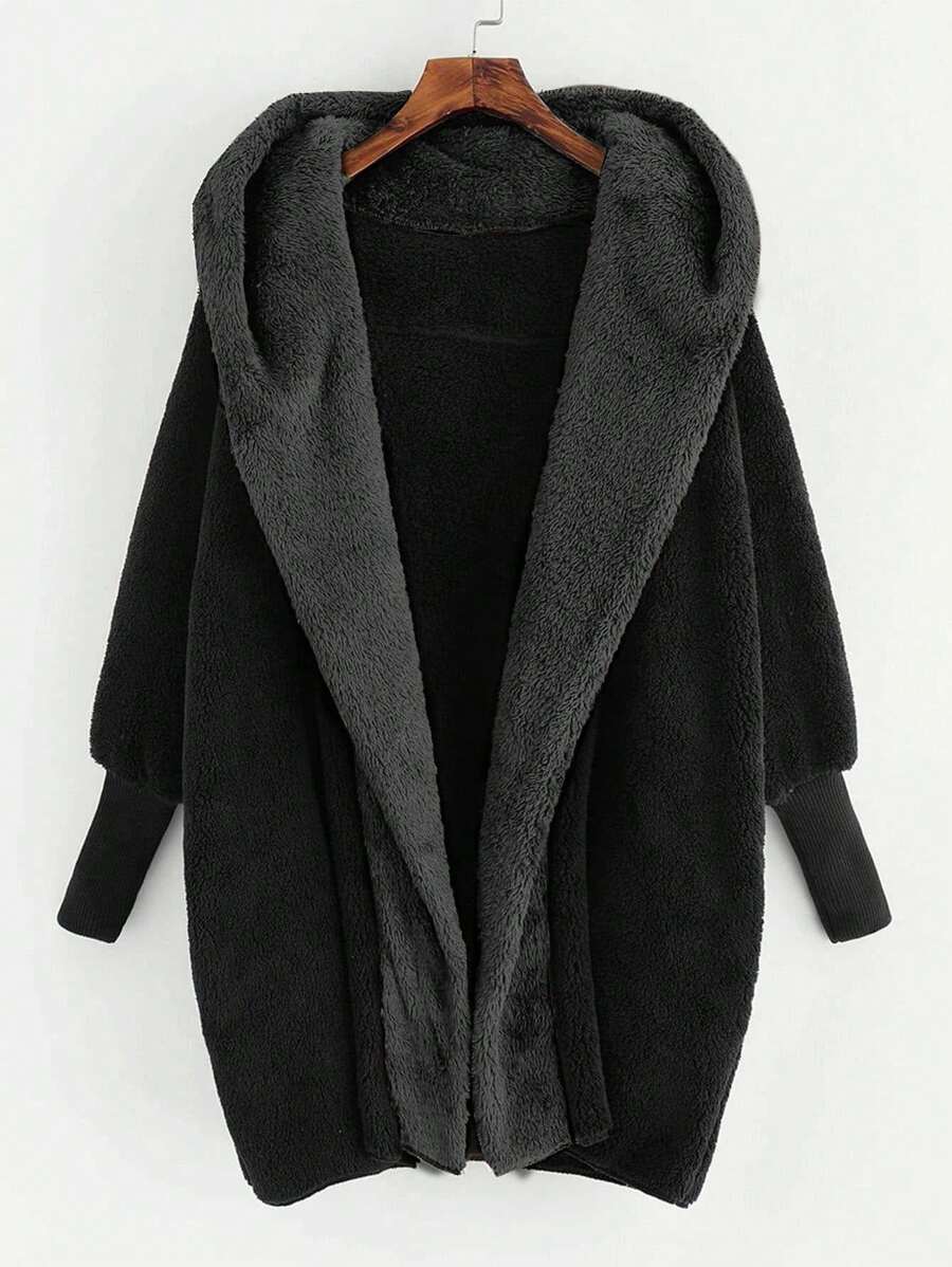 SHEIN LUNE Abrigo teddy con parte delantera abierta con capucha - Negro - Ver 1