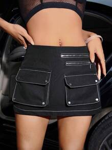SHEIN ICON Flap Pocket Zip Detail Mini Skirt - Black - View 6