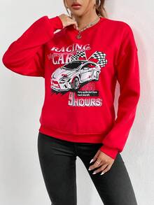 SHEIN Unity Đồ họa ô tô và chữ cái Thả vai Áo nỉ - Đỏ - Xem 3