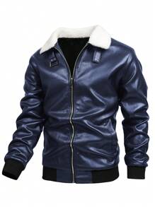 Manfinity Homme 鬆身男士 Pu 皮夾克帶 Borg 領和傾斜口袋 - 藏蓝色 - 查看 1