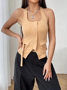 SHEIN EZwear Top Asimétrico De Cuello Halter Con Detalle De Solapa En El Dobladillo