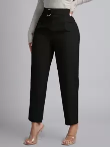 SHEIN PETITE High Waist Pleated Detail Casual Belted Black Pants - Black - View 3