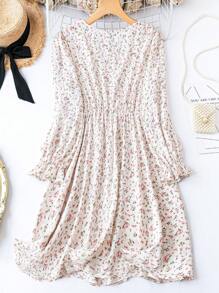 SHEIN LUNE Hơn In hoa Ditsy tay áo lá sen Đầm - Màu be - Xem 2