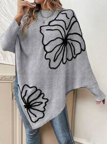 EMERY ROSE Floral Pattern Batwing Sleeve Asymmetrical Hem Knit Pullover Fall Winter Sweater - Grey - View 3