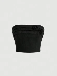 SHEIN MOD Stereo Flower Detail Crop Tube Top - Black - View 1
