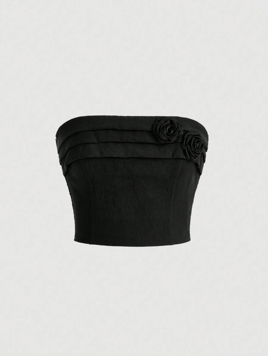 SHEIN MOD Stereo Flower Detail Crop Tube Top - Black - View 1