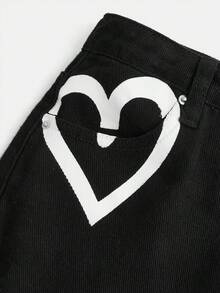 女大童愛心圖案直筒牛仔褲 - 黑色 - 查看 3