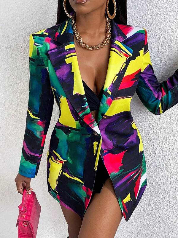 Slaydiva Rochie Blazer cu un singur buton cu imprimeu peste tot
