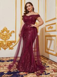 大尺碼露肩對比亮片晚禮服連網紗裙 - 酒紅色 - 查看 3