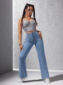SHEIN Unity 素色牛仔喇叭褲 - 淺色水洗藍 - 查看 6