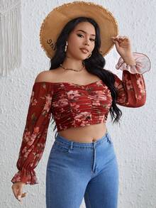 SHEIN VCAY Talla grande Top crop con estampado floral de hombros descubiertos de manga con volante fruncido - Multicolor - Ver 5