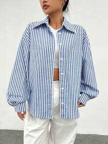 SHEIN EZwear 條紋印花落肩袖襯衫 - 藍色 - 查看 4