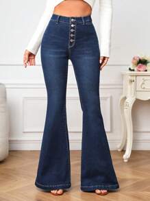 SHEIN Privé 紐扣門襟牛仔喇叭褲 - 深色水洗藍 - 查看 1