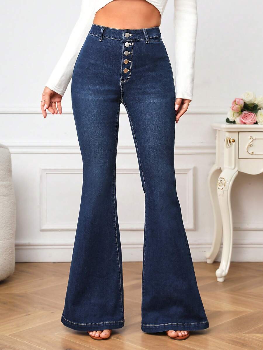 SHEIN Privé 紐扣門襟牛仔喇叭褲 - 深色水洗藍 - 查看 1