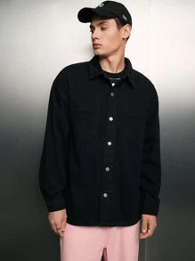 SWAVVY 1pc Men's Loose Drop Shoulder Denim Shirt With Pocket Patches - Black - View 4