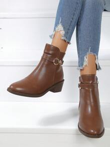 Women's Brown Pointed Toe Chunky Heel Zip-Up Short Boots, Casual Autumn/Winter Boots