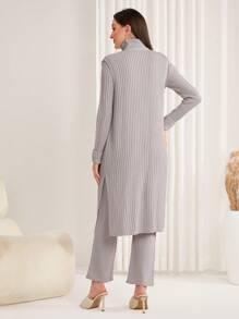 Seusyu 3pcs High Collar Sweater With Pockets, Split Hem Pants And Cardigan Set - Light Grey - View 2