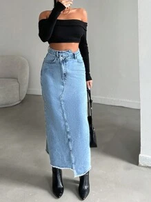 ZIRRA 女士休闲水洗不对称长款牛仔裙 - 淺色水洗藍 - 查看 7