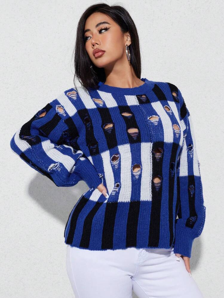 Striped Pattern Drop Shoulder Ripped Knit Pullover Fall Winter Sweater