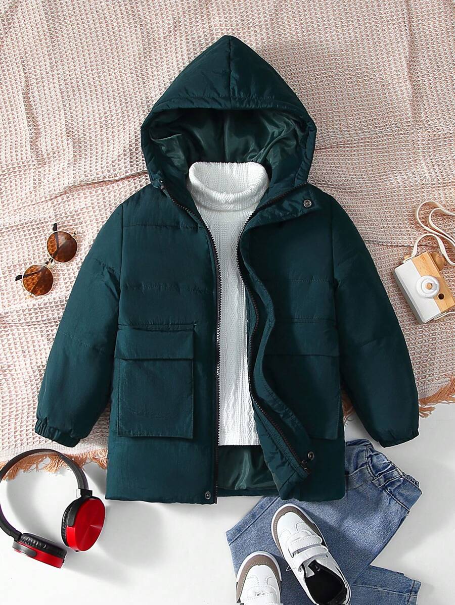 SHEIN 男童单件翻盖口袋拉链连帽棉服外套